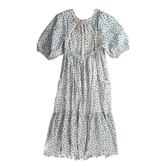 Damson Madder Floral Flower Cottagecore Puff Sleeve Open Back Dress 10UK/ 6 US - Picture 4 of 8